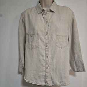 Chico's Sz 1 US (M) Beige 100% Linen Button Shirt 3/4 Sleeves